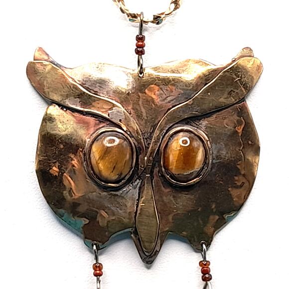 Owl Pendant Gemstone Eyes Necklace, Brass Metal, Gold Tone Chain - Picture 3 of 11